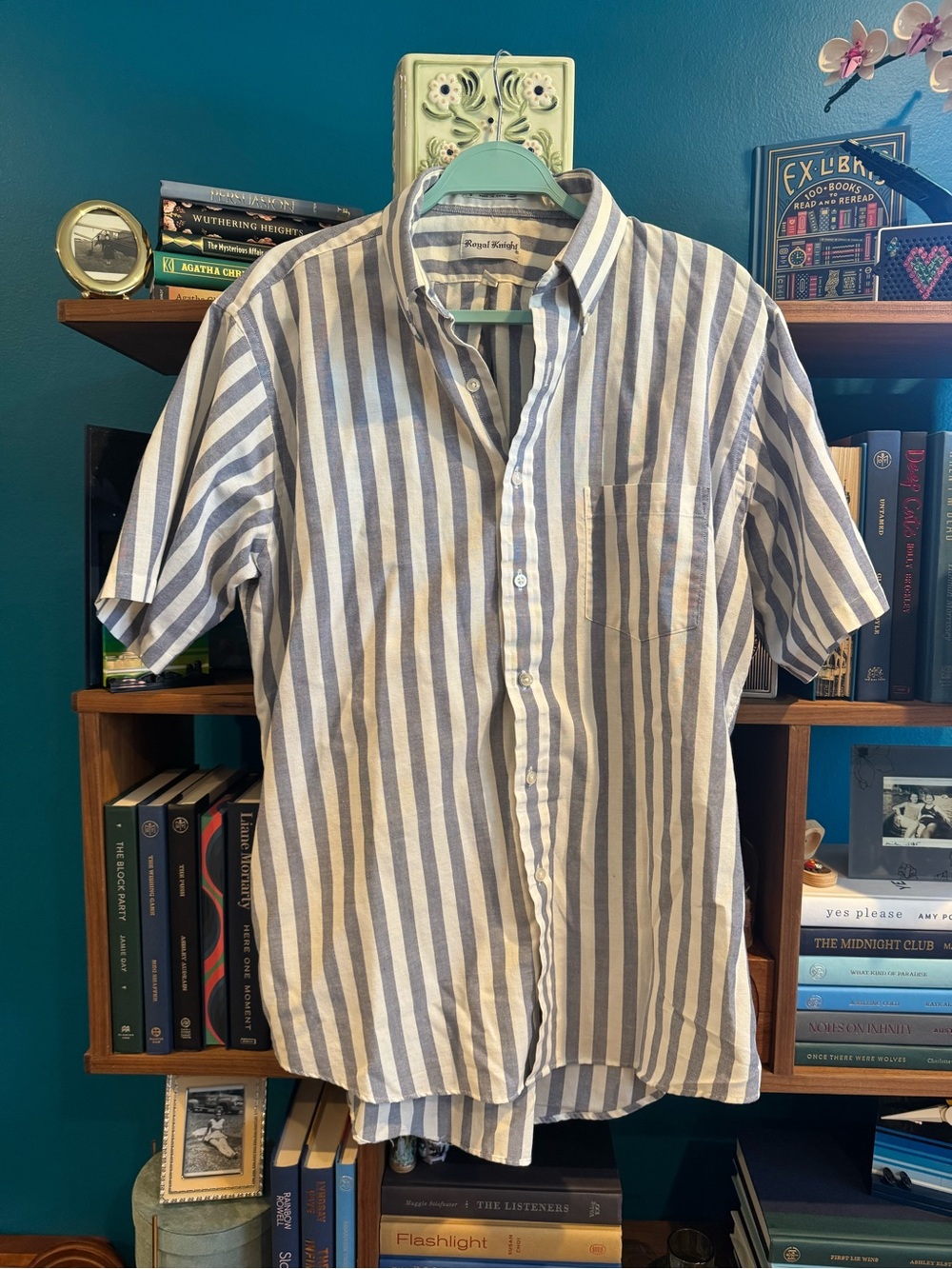 Vintage Striped Short-Sleeve Button-Down Shirt - Blue & White